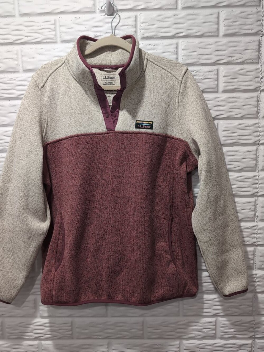 LL Bean Womens Sz XL Snap Collared Sweater Fleece Pullover Mauve Pink & Oatmeal
